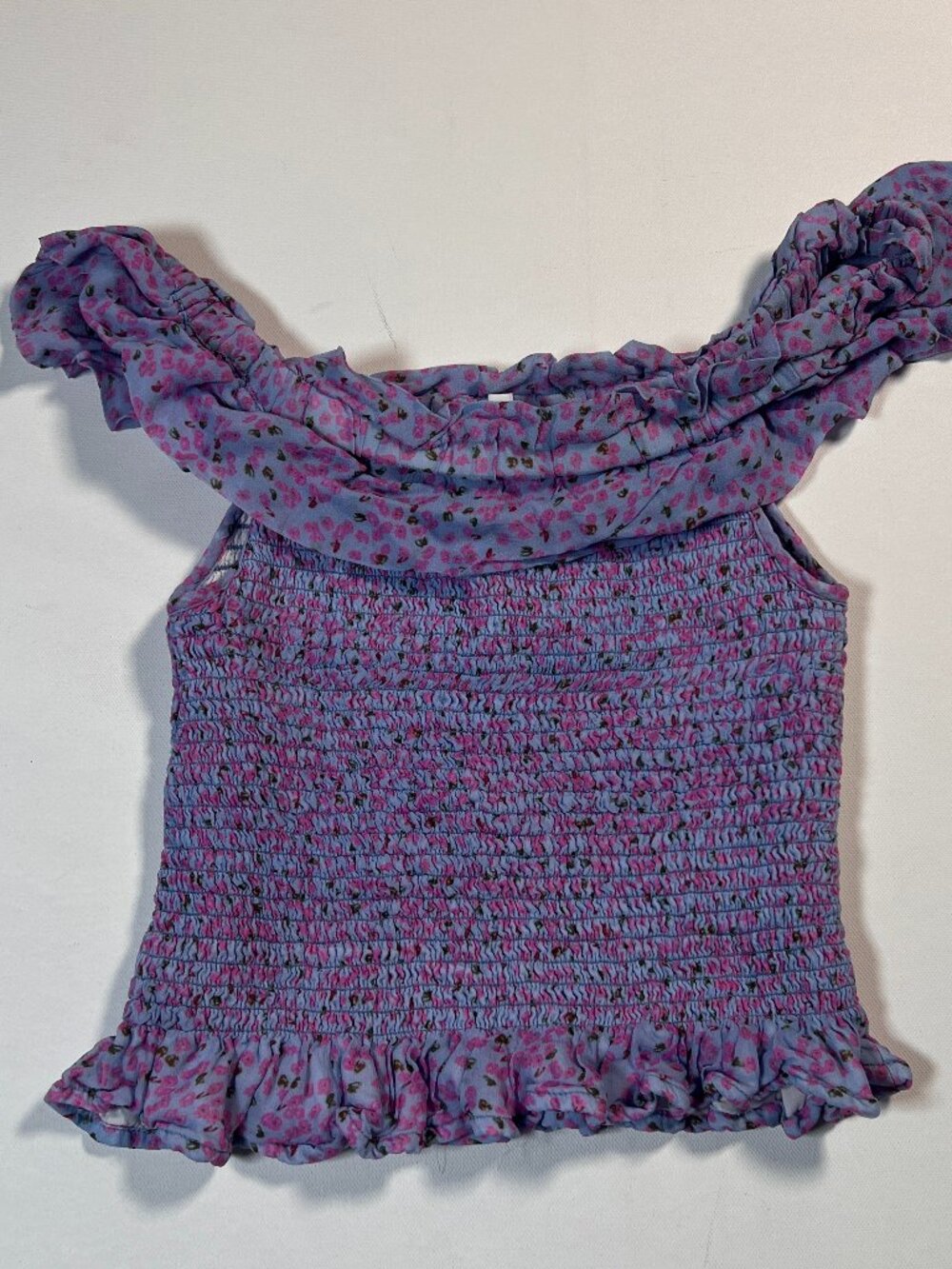 FLETCH Smocked Purple Floral Ruffle Top XS